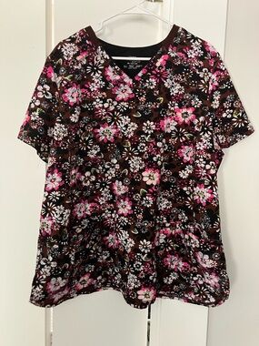 Women’s Floral V-Neck Scrub Top in Brown with Pink Accents